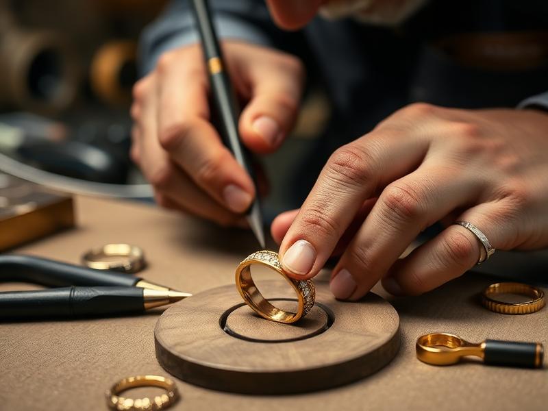 Ourives ajustando um anel de ouro na bancada